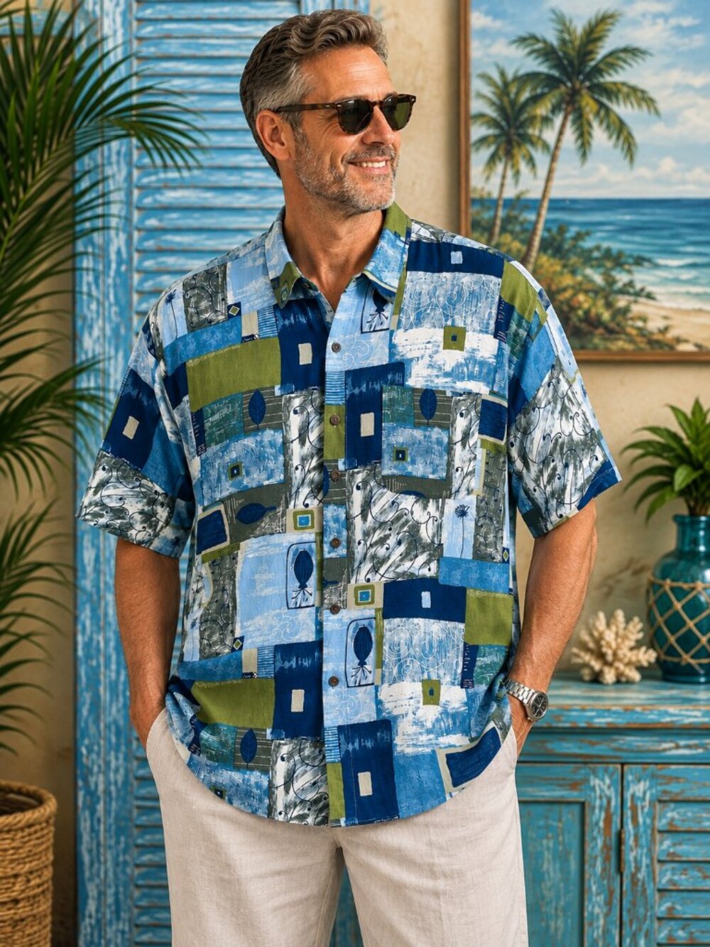 Vintage 90s UNTIED Men's 2XL Abstract Geometric Rayon Button Up Shirt